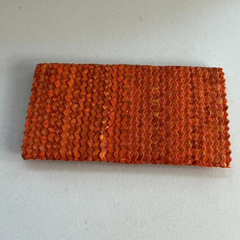 Artisan Handmade Palm Leaf Evening Clutch Woven Orange
